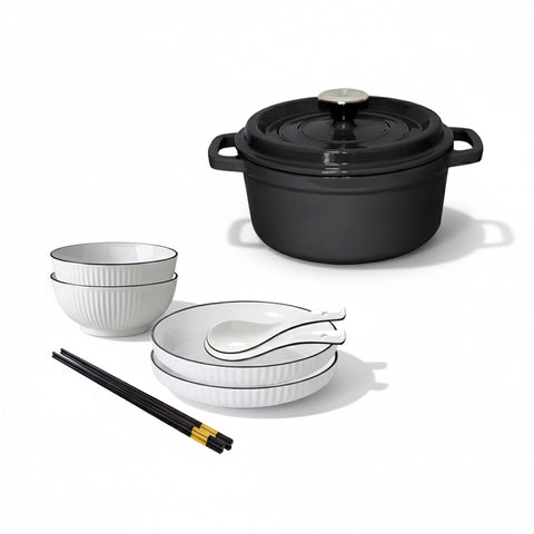 SOGA Kitchenware Bundle – White Japanese Ceramic Dinnerware Set & Black Cast Iron Stewpot