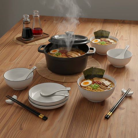 SOGA Kitchenware Bundle – White Japanese Ceramic Dinnerware Set & Black Cast Iron Stewpot
