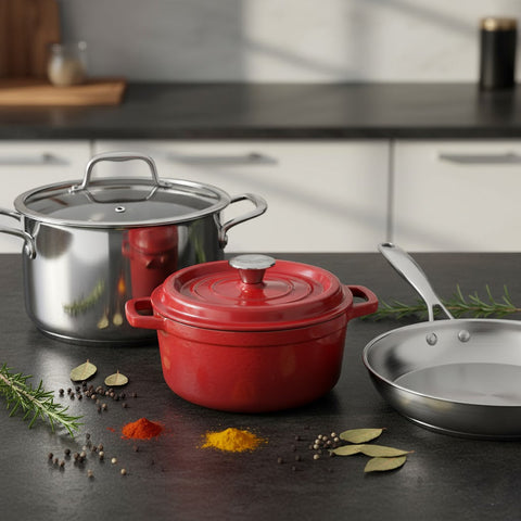 SOGA Kitchenware Bundle – Red Enamel Stewpot, Stainless Steel Fry Pan & Soup Stockpot-4