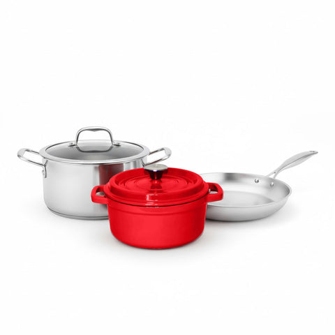 SOGA Kitchenware Bundle – Red Enamel Stewpot, Stainless Steel Fry Pan & Soup Stockpot-0