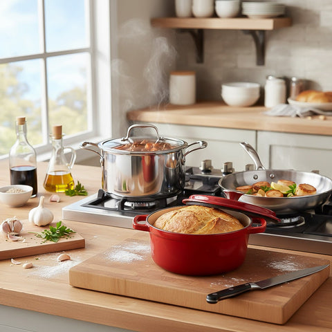 SOGA Kitchenware Bundle – Red Enamel Stewpot, Stainless Steel Fry Pan & Soup Stockpot-1