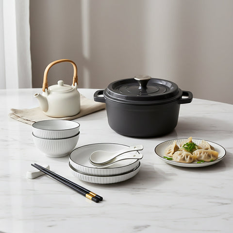 SOGA Kitchenware Bundle – White Japanese Ceramic Dinnerware Set & Black Cast Iron Stewpot