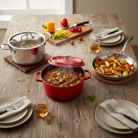 SOGA Kitchenware Bundle – Red Enamel Stewpot, Stainless Steel Fry Pan & Soup Stockpot-2